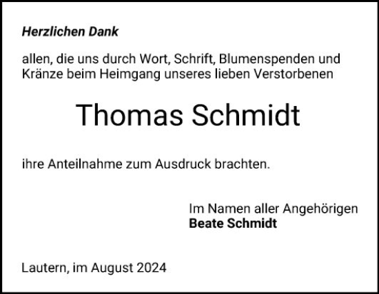 Traueranzeige von Thomas Schmidt von Bergsträßer Anzeiger