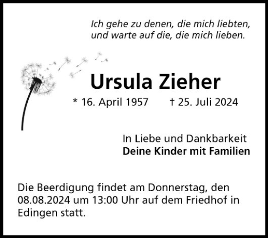 Traueranzeige von Ursula Zieher von Mannheimer Morgen