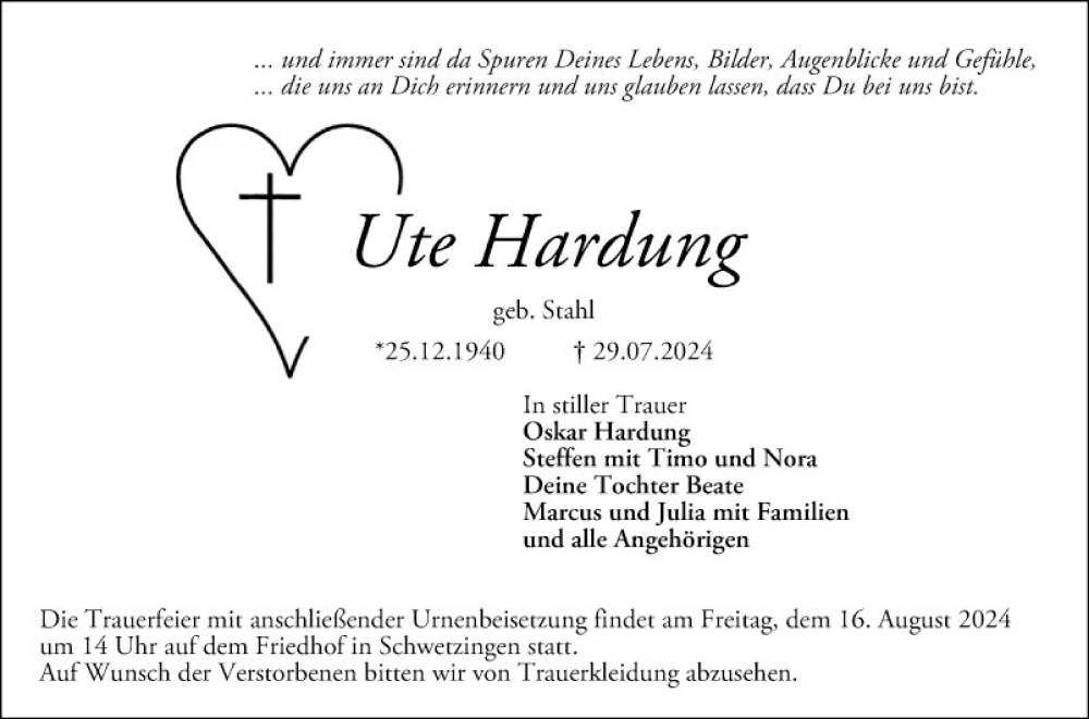  Traueranzeige für Ute Hardung vom 10.08.2024 aus Schwetzinger Zeitung