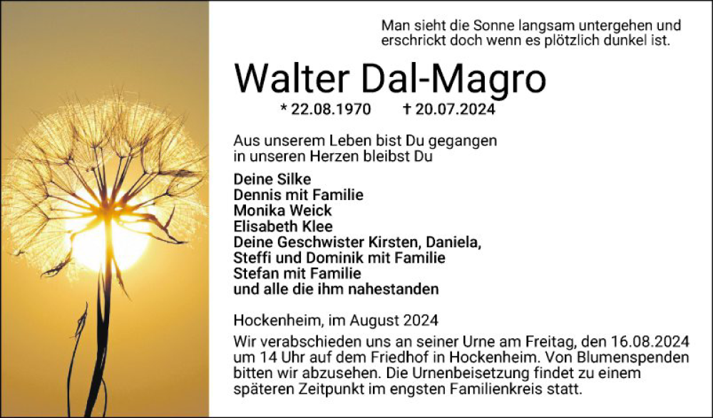  Traueranzeige für Walter Dal-Magro vom 10.08.2024 aus Schwetzinger Zeitung