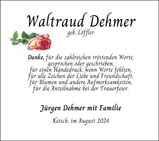 Traueranzeige von Waltraud Dehmer von Schwetzinger Zeitung