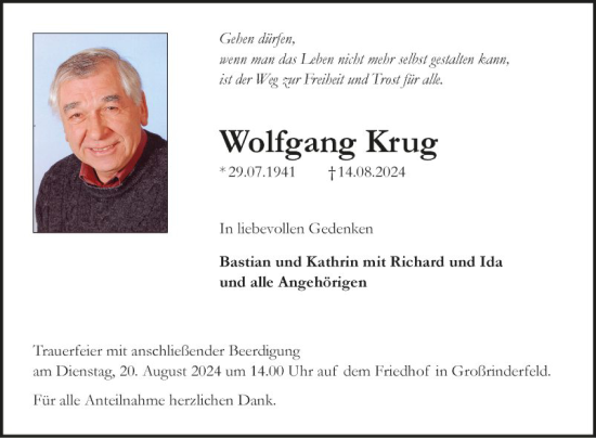 Traueranzeige von Wolfgang Krug von Fränkische Nachrichten