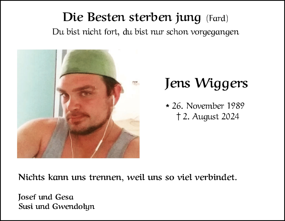  Traueranzeige für Jens Wiggers vom 31.08.2024 aus 