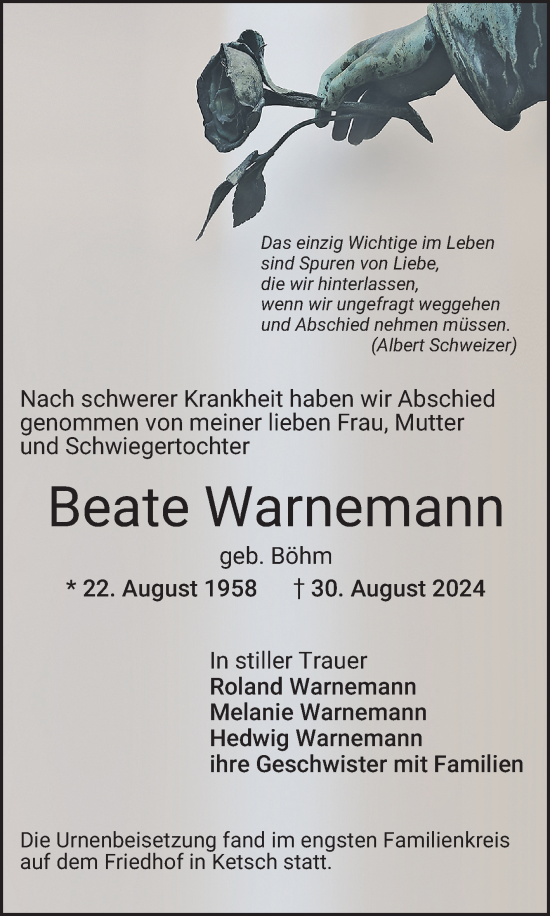 Traueranzeige von Beate Warnemann von Schwetzinger Zeitung