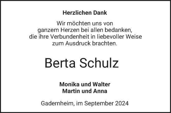 Traueranzeige von Berta Schulz von Bergsträßer Anzeiger