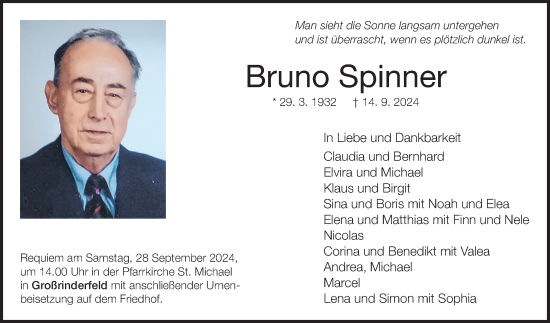 Traueranzeige von Bruno Spinner von Fränkische Nachrichten