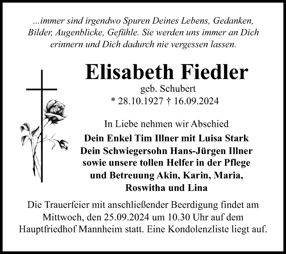  Traueranzeige für Elisabeth Fiedler vom 21.09.2024 aus Mannheimer Morgen