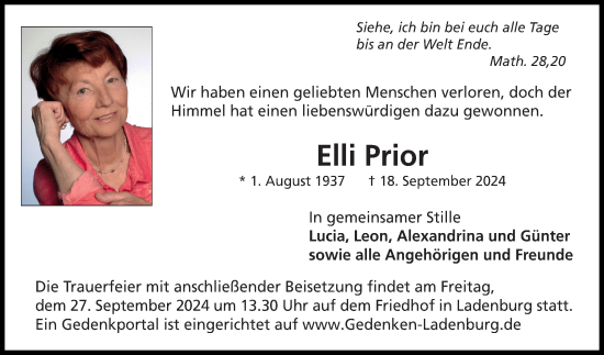 Traueranzeige von Elli Prior von Mannheimer Morgen