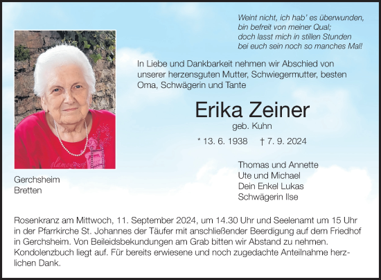 Traueranzeige von Erika Zeiner von Fränkische Nachrichten