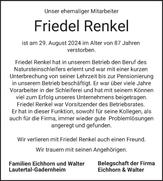 Traueranzeige von Friedel Renkel von Bergsträßer Anzeiger