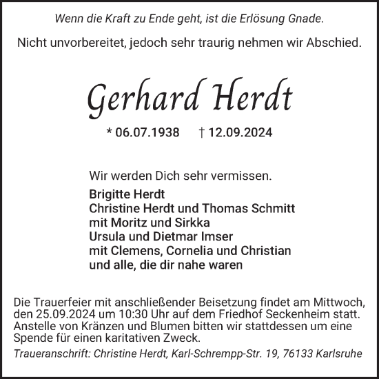 Traueranzeige von Gerhard Herdt von Mannheimer Morgen