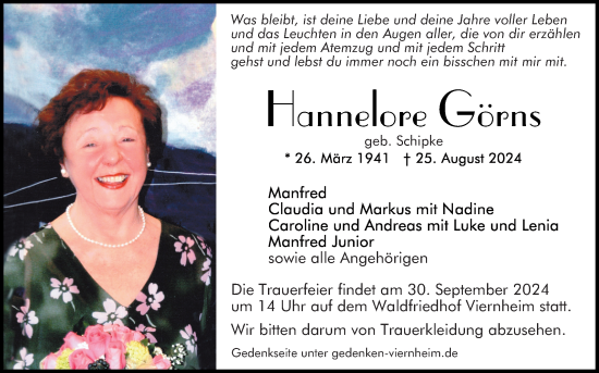 Traueranzeige von Hannelore Görns von Mannheimer Morgen