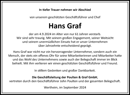 Traueranzeige von Hans Graf von Fränkische Nachrichten