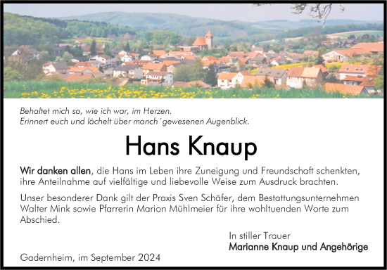 Traueranzeige von Hans Knaup von Bergsträßer Anzeiger