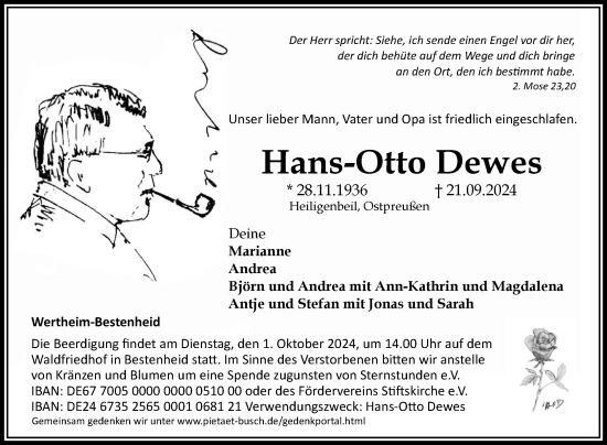 Traueranzeige von Hans-Otto Dewes von Fränkische Nachrichten