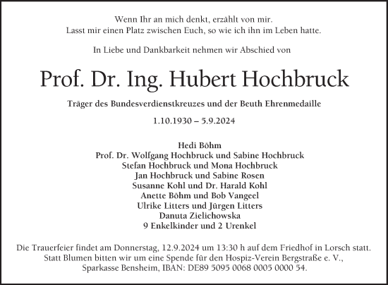 Traueranzeige von Hubert Hochbruck von Bergsträßer Anzeiger