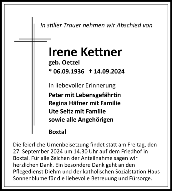 Traueranzeige von Irene Kettner von Fränkische Nachrichten