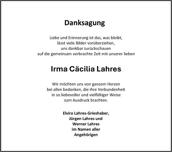 Traueranzeige von Irma Cäcilia Lahres von Mannheimer Morgen