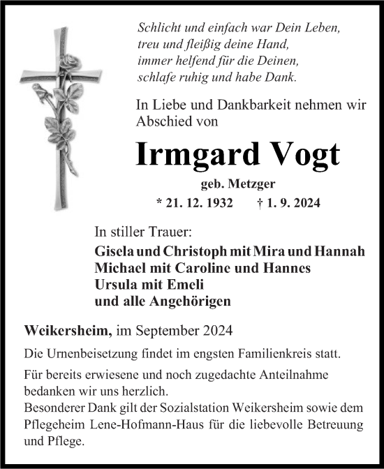 Traueranzeige von Irmgard Vogt von Fränkische Nachrichten