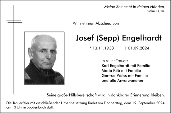 Traueranzeige von Josef Engelhardt von Fränkische Nachrichten