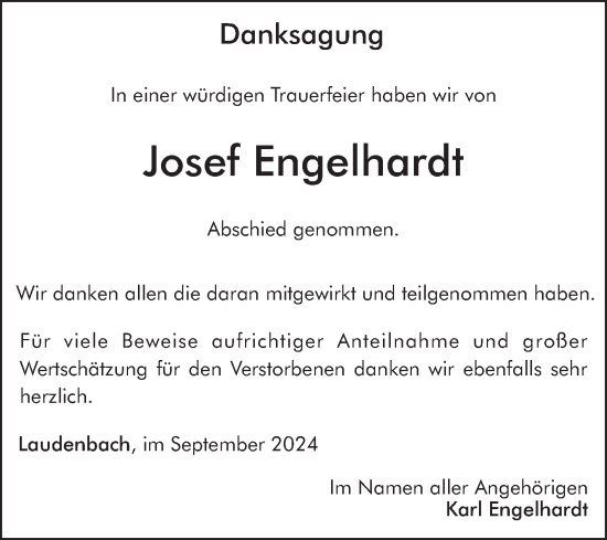 Traueranzeige von Josef Engelhardt von Fränkische Nachrichten