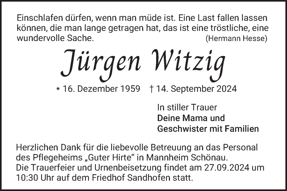  Traueranzeige für Jürgen Witzig vom 21.09.2024 aus Mannheimer Morgen