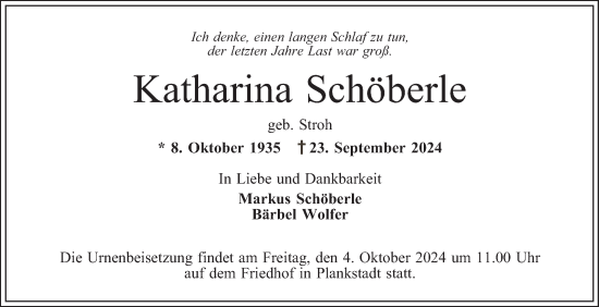 Traueranzeige von Katharina Schöberle von Schwetzinger Zeitung