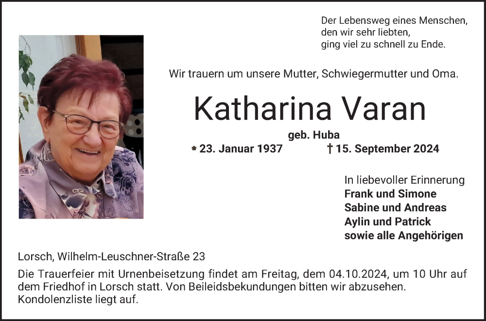  Traueranzeige für Katharina Varan vom 01.10.2024 aus Bergsträßer Anzeiger