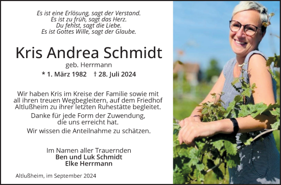 Traueranzeige von Kris Andrea Schmidt von Schwetzinger Zeitung