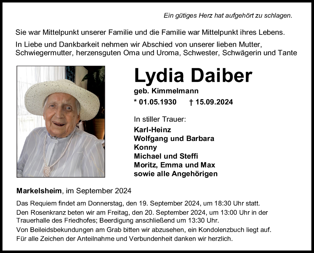  Traueranzeige für Lydia Daiber vom 18.09.2024 aus Fränkische Nachrichten