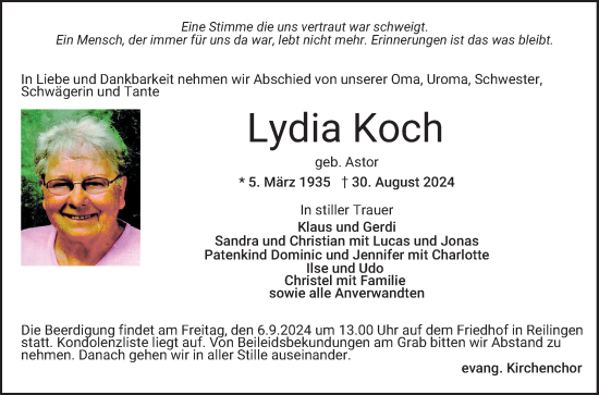 Traueranzeige von Lydia Koch von Schwetzinger Zeitung