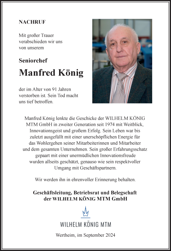 Traueranzeige von Manfred König von Fränkische Nachrichten