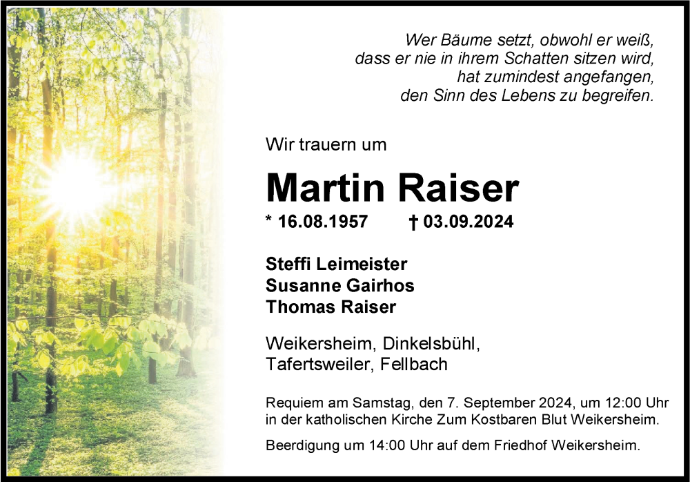  Traueranzeige für Martin Raiser vom 06.09.2024 aus Fränkische Nachrichten