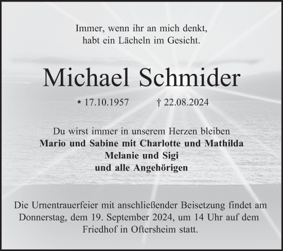 Traueranzeige von Michael Schmider von Schwetzinger Zeitung