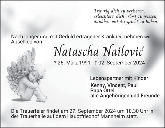 Traueranzeige von Natascha Nailovic von Mannheimer Morgen