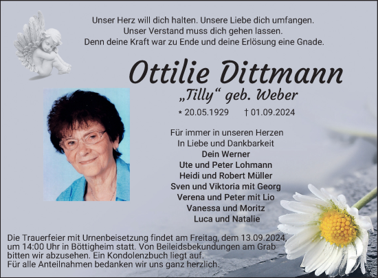 Traueranzeige von Ottilie Dittmann von Fränkische Nachrichten