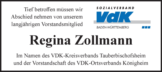 Traueranzeige von Regina Zollmann von Fränkische Nachrichten