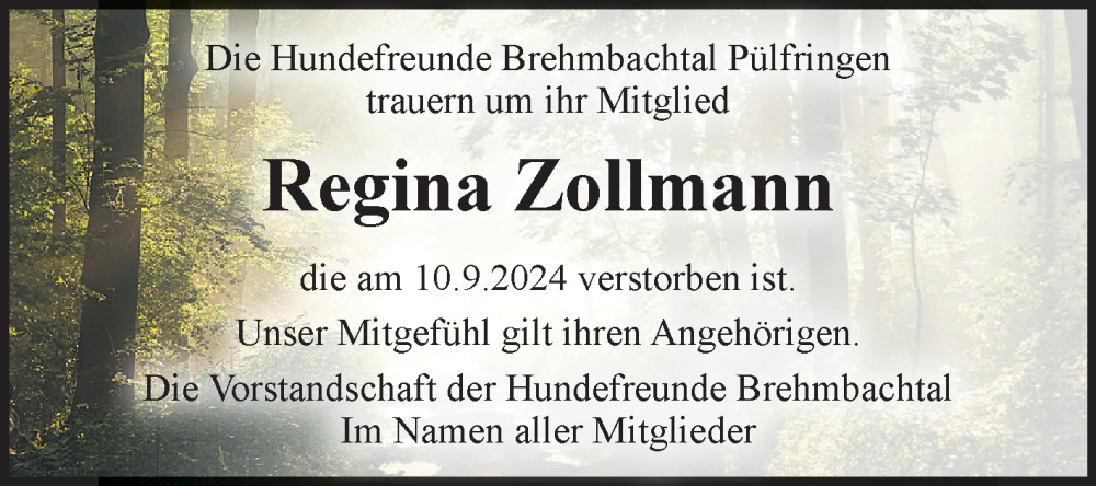  Traueranzeige für Regina Zollmann vom 25.09.2024 aus Fränkische Nachrichten