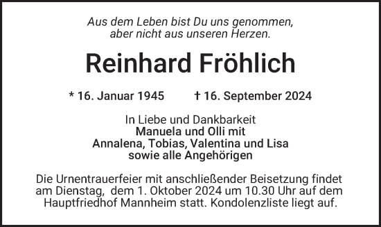 Traueranzeige von Reinhard Fröhlich von Mannheimer Morgen