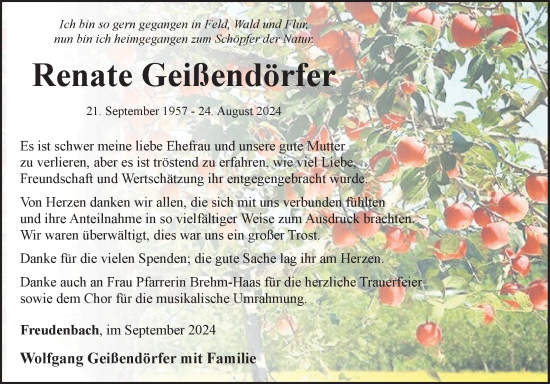 Traueranzeige von Renate Geißendörfer von Fränkische Nachrichten