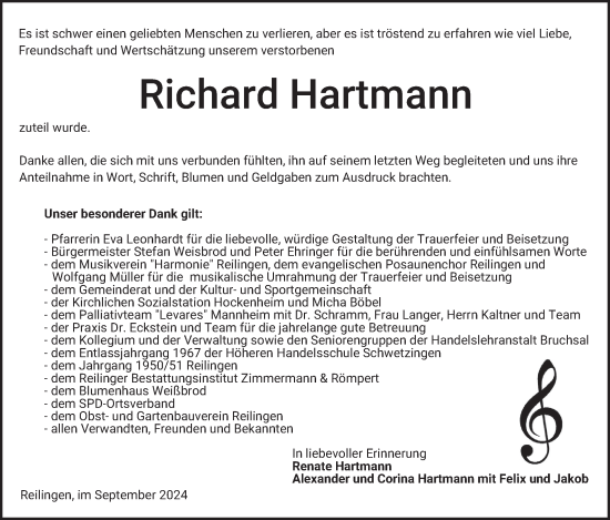 Traueranzeige von Richard Hartmann von Schwetzinger Zeitung