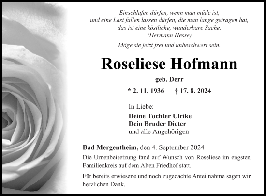 Traueranzeige von Roseliese Hofmann von Fränkische Nachrichten