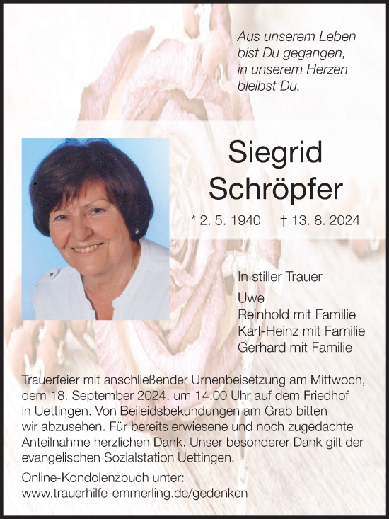 Traueranzeige von Siegrid Schröpfer von Fränkische Nachrichten