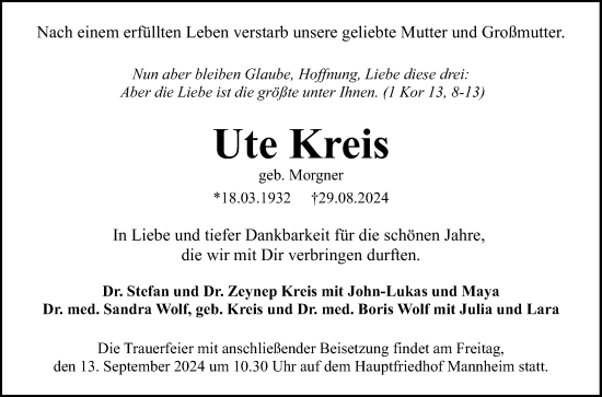 Traueranzeige von Ute Kreis von Mannheimer Morgen