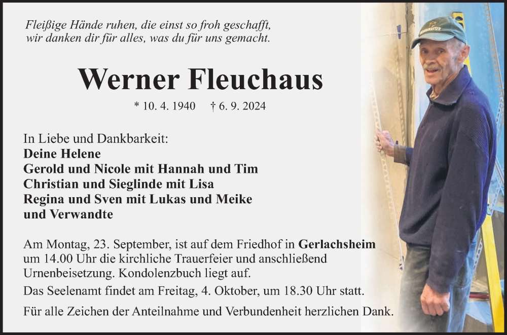  Traueranzeige für Werner Fleuchaus vom 17.09.2024 aus Fränkische Nachrichten