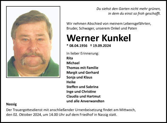 Traueranzeige von Werner Kunkel von Fränkische Nachrichten