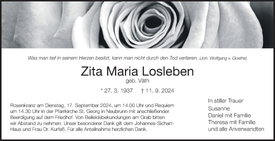 Traueranzeige von Zita Maria Losleben von Fränkische Nachrichten