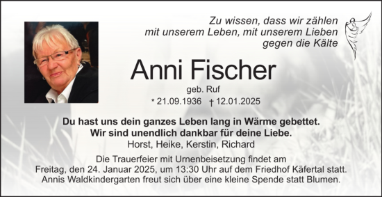 Traueranzeige von Anni Fischer von Mannheimer Morgen