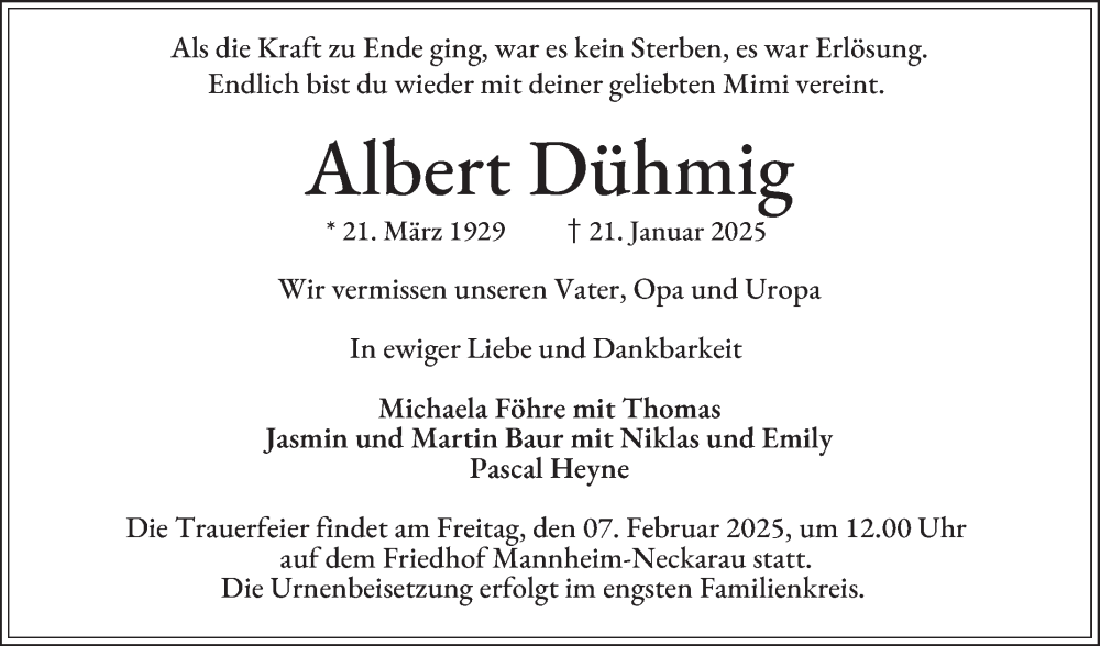 Traueranzeige für Albert Dühmig vom 25.01.2025 aus Mannheimer Morgen