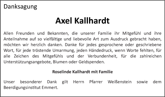 Traueranzeige von Axel Kallhardt von Fränkische Nachrichten